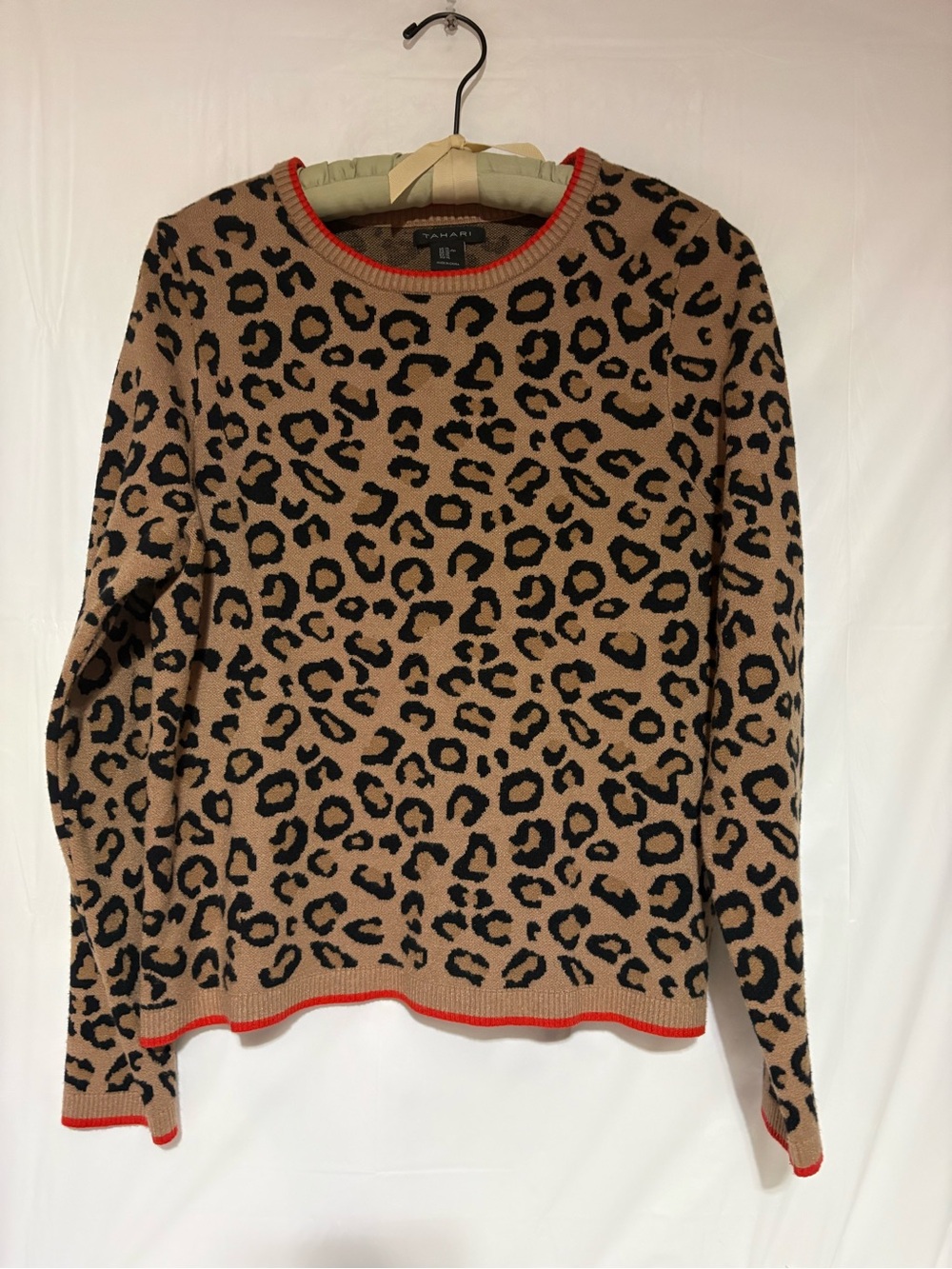 T Tahari Tan and Black Leopard Crewneck Sweater with Red Trim
